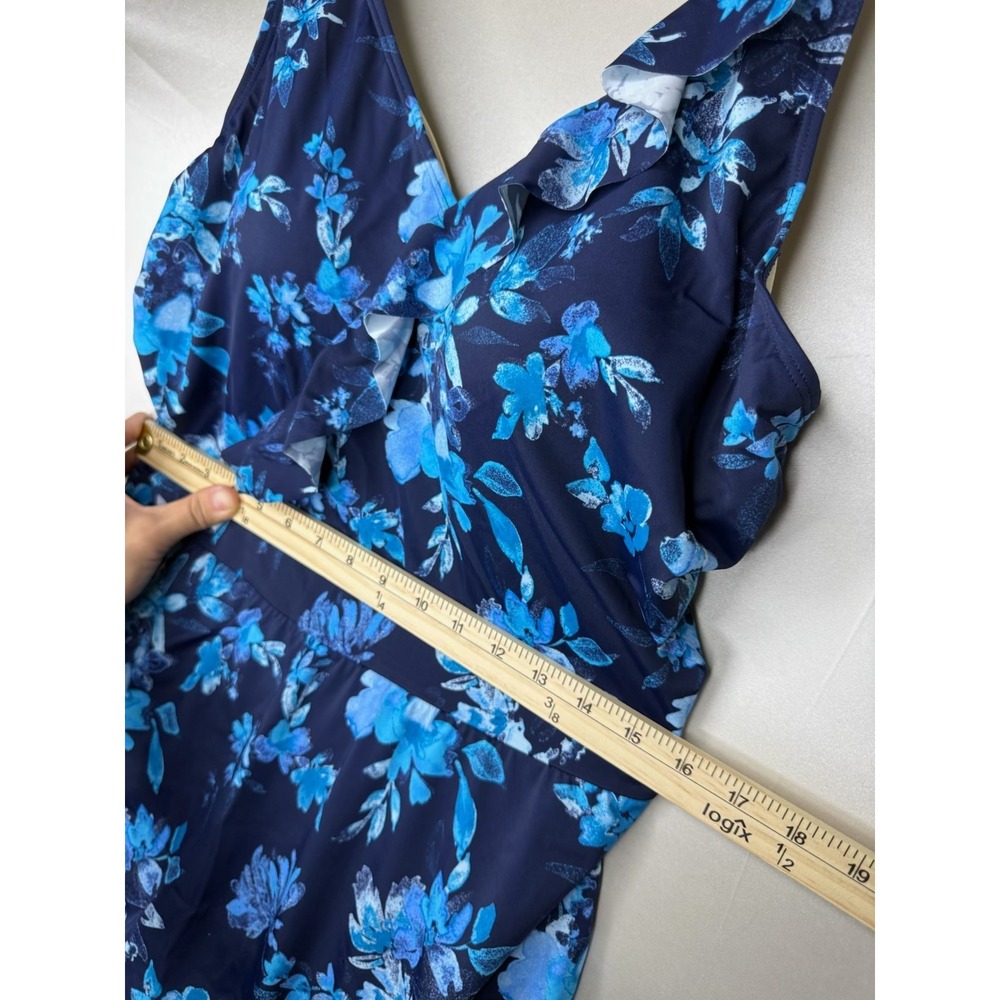 Denim & Co. Beach Ruffle Trim V-Neck Swim Dress Navy Floral, Reg 16 - Picture 4 of 8